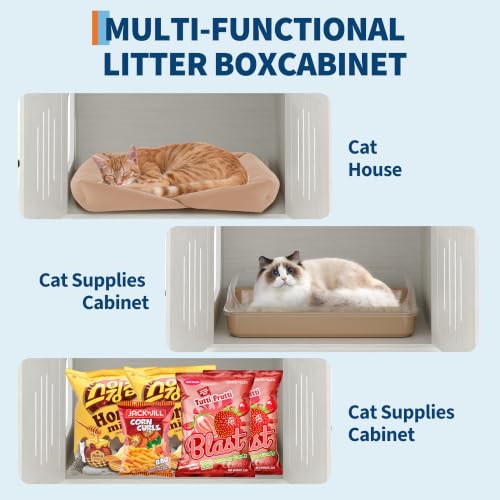 Cat Tree with Litter Box Enclosure, Multi-Level Cat Tower with Hidden Litter Box Furniture, Large Plush Top Perch, Sisal Scratching Posts, Cat Condo & Hammock for Indoor Cats, Living Room, Retro White - color: Retro White