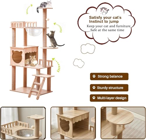 54-Inch Cat Tower,Multi-Level Pure Wood-Modern Cat Tree Tower with Condo, Cat Stairs, Bowl,9 Sisal Scratching Posts, Top Perch, Toy Balls,Cat Tree for Indoor Cats Large Adult (KT-1022) - size: KT-1022