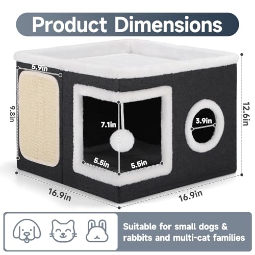 Shikha Cat House Bed for Indoor Cats with Fluffy Ball and Scratch Pad Black - color: Black, size: Large