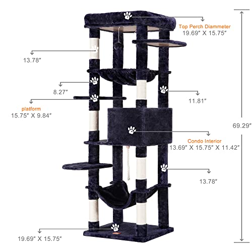 Heybly Cat Tree for Large Cats 20 lbs, 69 inches XXL Cat Tower HCT031G - color: Smoky Gray, size: 69 inch