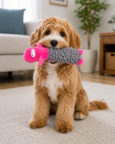 PawfectBabies HippoHugs Crinkle & Chew Toy for Dogs – Soft Plush Squeaky Dog Toy, Interactive Crinkle Toy for Small & Medium Dogs, Cute Pink & Grey Hippo Puppy Toy