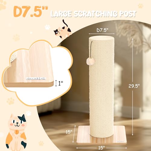 KAMABOKO 29.5" Cat Scratching Post, 7.5" Ultra-Large Diameter Natural Sisal Cat Scratch Post, Scratch-Resistant Tall Cat Scratcher for Indoor Cats, Protect Your Furniture, Beige, Pack of 2 - size: 2