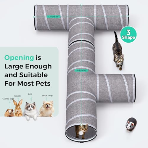 PETOCAT Cat Tunnel 4 Way with Teaser Wand & 2 Plush Ball, 5 Shapes Available, 54/80.7" L, H-Shaped Collapsible Pet Play Tube Maze for Kitten Puppy Bunny Ferret Rabbit, Indoor/Outdoor Peekaboo Cave - size: L-H-Shape