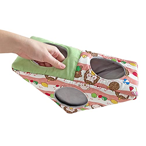 Hedgehog Fleece Corner Hideout Cave Collapsible Pet Play Toy Tunnel Tube Warm House Hidey Hut for Sugar Glider Ferret Hamster Small Animal Beds (Pink/Green)