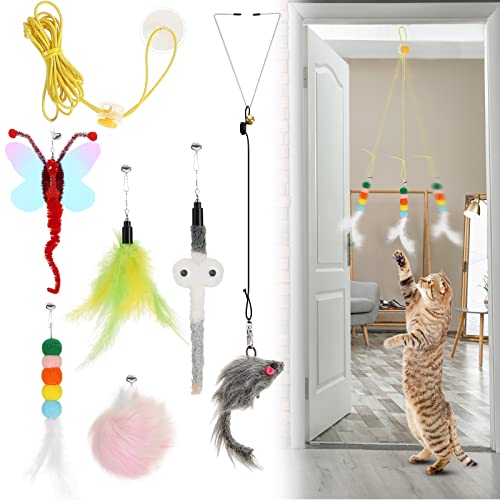 Charniol 8 Pcs Interactive Cat Feather Toys, Indoor Hanging Retractable Cat Toys, Dragonfly Little Mouse Interactive Teaser Toy Kitten Toy for Self Indoor Play Make Fun Chase Exercise, 6 Styles - style: Diverse