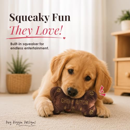 Dog Diggin Designs Chewy Vuiton Plush Dog Toy Bone | Luxury-Inspired Parody Designer Bone with Squeaker, Soft Plush Chew & Play Dog Toy – Prêt-à-Porter Play! - color: Brown Bone, size: Large