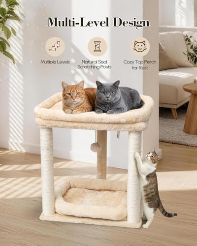 SYANDLVY Small Modern Cat Tree with 2 Levels Perch Platforms for Kittens - color: Beige