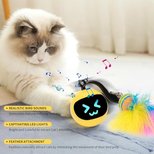 Electric Interactive Cat Feather Toy Ball for Indoor Cats,Turbo Tail Mouse Chase with LED Remote Control Cat Toy,Electric Automatic Moving Ball, Motion Activate Chirping Bird Sound Yellow - color: Yellow Ball