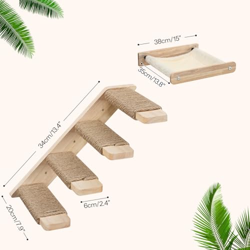 HOOBRO Cat Wall Shelf Set of 2, Wall Mounted 4-Level Cat Steps with Jute Scratching Steps, Hammock Wall Mounted, Holds up to 40 lb, Cat Wall Furniture, for Playing, Natural NL41CS03