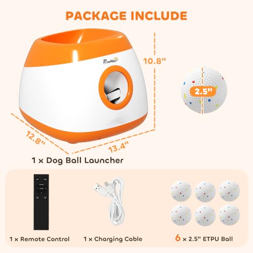 PawHut Automatic Dog Ball Launcher, Rechargeable Dog Ball Thrower with Remote Control, 3 Adjustable Distance (40ft/60ft/80ft), 6 ETPU Tennis Fetch Toys 2.5", Low Noise, for Medium Large Breeds, Orange - color: Orange