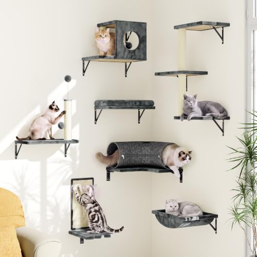 8-in-1 Cat Wall Shelves, Cat Wall Furniture Set - color: Grey