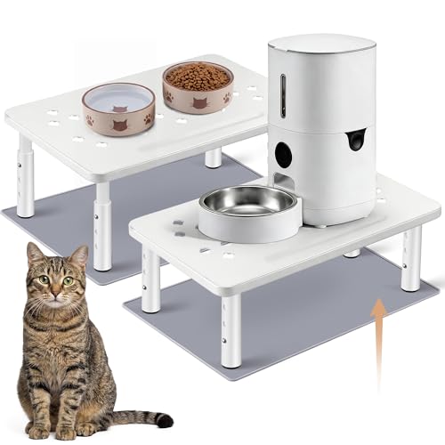 Dreyoo 2 Set Adjustable Cat Food Stand, White,Gray Mat - color: White
