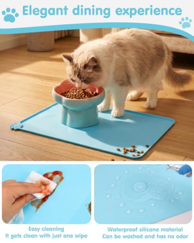 Ceramic Elevated Slow Feeder Cat Bowl Set with Feeding Mat & Measuring Scoop, Raised Tilted Puzzle Bowl for Cats & Small Dogs, Whisker Friendly Pet Feeding Dish for Dry Wet Food (Blue) - color: Blue