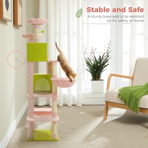 MUTTROS Flower Cat Tree Tall 70.8" for Adult Indoor Cats, 8-Levels Large Cat Tower with 8 Sisal Posts, 2 Hammocks, 2 Condos, Big Perch & 3 Pom Poms for Multi-Cats Household – Carpet Pink - color: Pink, size: 70.8" Tall Cat Tree