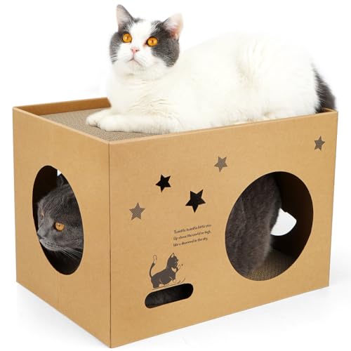 Cat Cardboard House with 2 PCS Scratching Pads，Large Cat Scratcher Bed Cat Scratchers Lounge for Indoor Cats with Corrugated Board Detachable Cat Scratcher Box for Cats(Star) - size: Wood-Star