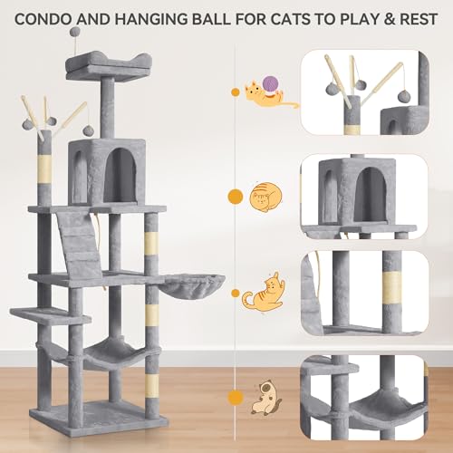 YITAHOME 64.5" Cat Tree, Multi-Level Cat Tower - color: Light Gray, size: 64.5inch