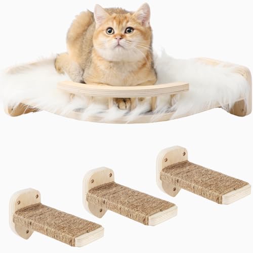 Cat Wall Shelves - 3 Steps Scratch Post & Hammock Bed with Plush Cover, Climbing Shelf for Indoor Cats (Wood)