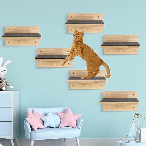 Lenwen 6 Set Cat Wall Shelves, Wood Cat Climbing Step, Wall Mounted,Classic - style: Classic