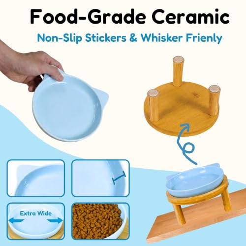 Elevated Ceramic Cat Bowls with Bamboo Stand for Cat Bowl, Whisker Friendly Shallow Cat Plate, Stable Raised Cat Food Riser for Indoor Cats (Blue, Set of 1) - color: Blue Plate with stand