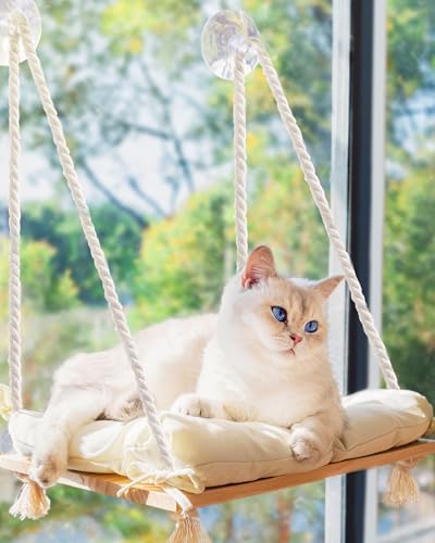Cat Window Perch with Industrial-Grade Suction Cups - Solid Pine Wood Hammock Bed, Soft Cushion - 42 lb Capacity for Cats Inside - color: Beige, size: Medium