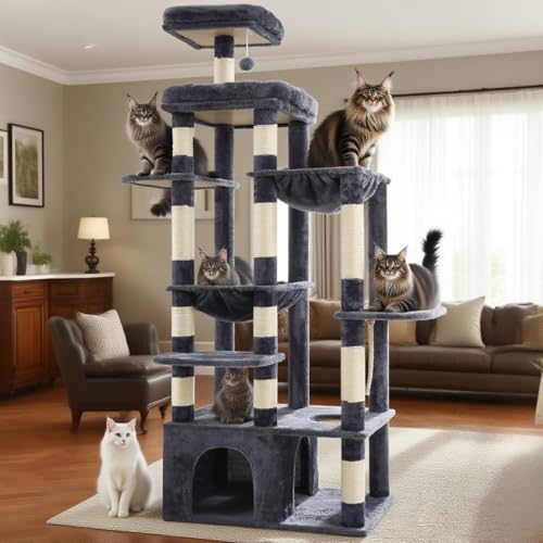 Heybly Cat Tree, 71-Inch Tall Cat Tower for Large Maine Coon Cats HCT037G - color: Smoky Gray, size: XL