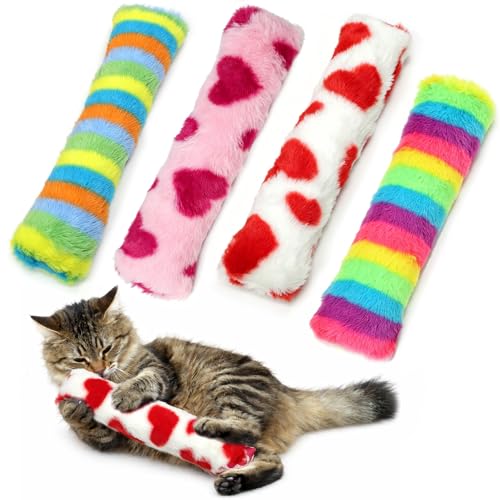 Plush Cat Pillow Toy with Catnip & Crinkle Paper, Interactive Kick Sticks for Cats, Soft Kitten Chew Bite Toys for Teeth Cleaning (Rainbow Stripe Red Heart Toys 4 Pack) - color: Rainbow Stripe Red Heart Toys 4 Pack