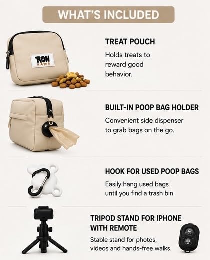 Hands-Free Dog Walking Crossbody for Training, Treat Pouch, Built-in Poop Bag Dispenser, Used Bag Hook & Bonus Tripod (Beige) - color: Beige