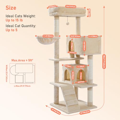 Cat Tree for Indoor Cats, 56.3" Multi-Level Cat Tower with 2 Condos - color: Beige, size: 56 Inches