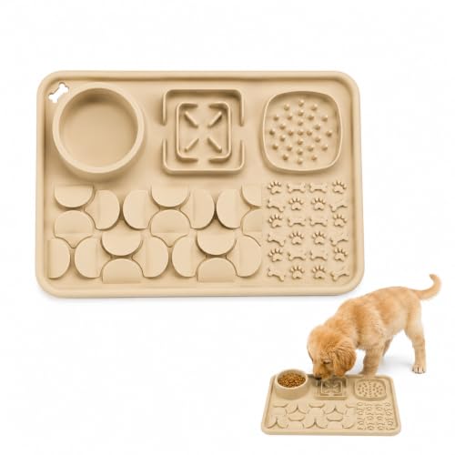 Silicone Dog Slow Feeder Lick Mat with Suction Cups, Multi-Puzzle Partition Pet Snuffle Feeding Tray for Puppy Cat Slow Eating Boredom Relief Training (Sand Beige) - color: sand beige