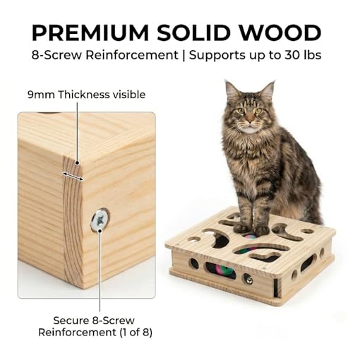 EIODEAR Cat Nail File Scratcher with 5 Sandpaper Pads, 4 Bell Balls, 8 Screw, Solid Wood Cat Scratch Puzzle Enrichment Box Nail Filer Box Toy to File Nails, Cat Treat Box for Treat-Motivated Cats