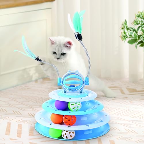 Vealind Cat Toy Roller 4-Level Turntable Cat Toys Balls with 14 Pcs Colorful Pom Pom Balls Interactive Fun Mental Physical Exercise Puzzle Kitten Toys (Blue) - color: Blue