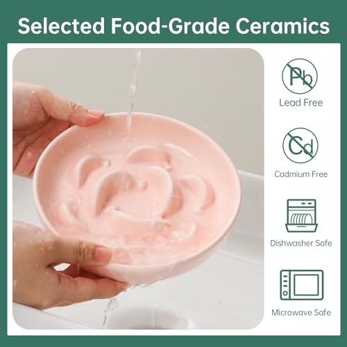 Ceramic Slow Feeder Cat Bowl, 6.3'' Wide Whisker Friendly Cat Puzzle Feeder - color: Bowl-Pastel Pink, size: 1.2"H Standard