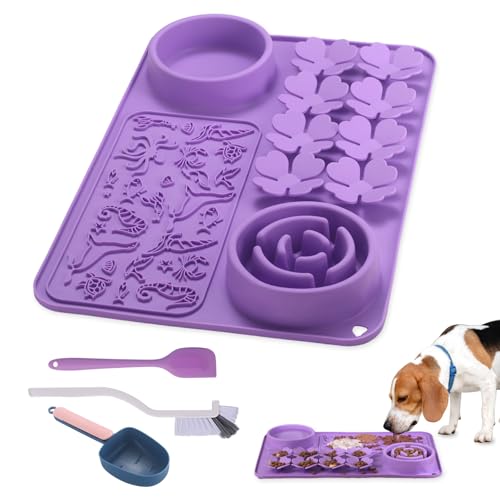 Silicone Lick Mat for Dogs & Cats – Slow Feeder Dog Bowl, Non-Slip Licking Mat for Large & Small Breeds, Puzzle Feeder & Snuffle Mat for Fast Eaters, Interactive Pet Food Mat with Measuring Spoon - color: Purple With Spoon