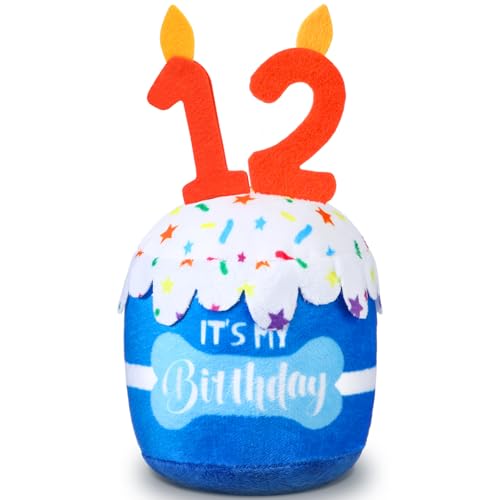 Dansydaisy Dog Birthday Cake Toy Squeaky Plush Gift,12th,Blue - color: Blue, style: 12th
