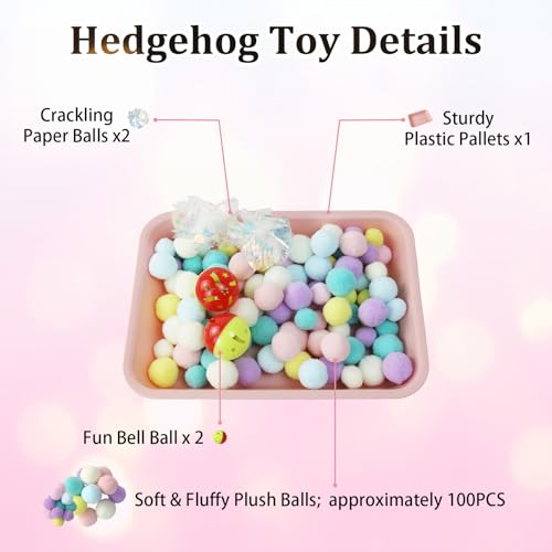 Hedgehog Dig Box Tray, Fun Foraging & Digging Hedgehogs Toy, Includes Rich Colors Balls, Hedgehogs Accessories for Hamsters, Ferrets and Other Small Animals (Pink)