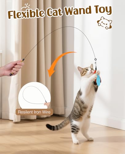 Pawaboo Cat Feather Wand Interactive Toy, 2 Feathers + 1 Wand with Bell - color: Blue + Red Brown