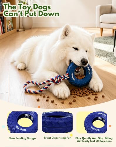 Deeow Tether Dog Tire Chew Toy for Teething & Treat Dispensing-Blue 6.3'' - size: With Rope