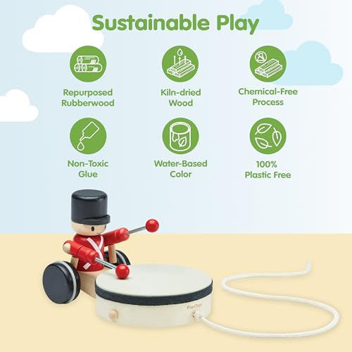PlanToys® Wooden Pull Along Drummer Musical Toy for Kids Toddler Active Set - color: Pull Along Drummer