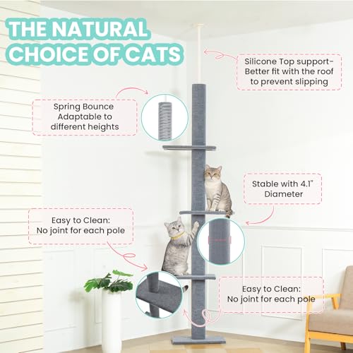 Max & Marlow 95-108" Floor to Ceiling Cat Tree for Indoor Cats, Light Grey - color: Light Grey