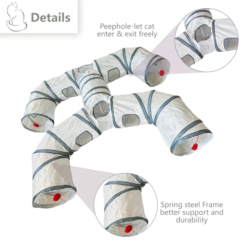 Foldable H-Shaped Cat Tunnel Toy with Interactive Playing Balls - 4 Exits for Cats, Kittens, Rabbits & Small Pets Collapsible Play Tube for Indoor Fun & Exercise - color: White Gray