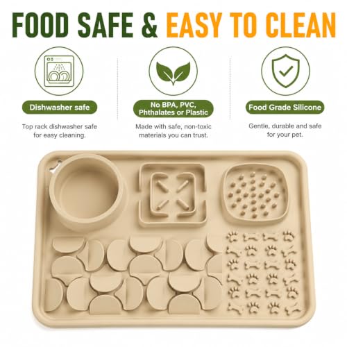 Silicone Dog Slow Feeder Lick Mat with Suction Cups, Multi-Puzzle Partition Pet Snuffle Feeding Tray for Puppy Cat Slow Eating Boredom Relief Training (Sand Beige) - color: sand beige