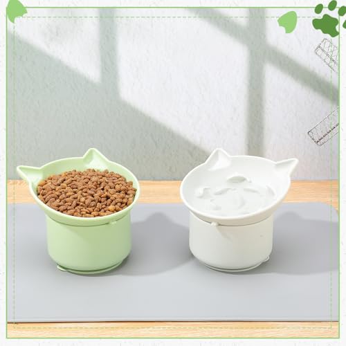2Pack Slow Feeder Cat Bowls Silicone Tilted Raised Pet Bowl - color: Gray, Green