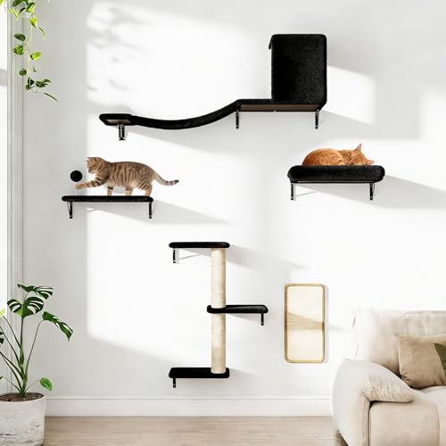 COZIWOW 5Pcs Wall Mount Cat Tree & Shelf Furniture for Large Cats, Black - color: Black