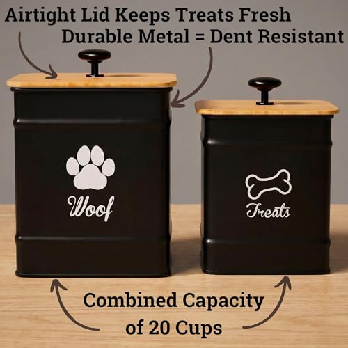 Dog Treat Container Airtight Set of 2 - 8x6 & 7x5 inch Iron Dog Treat Jars for Kitchen Counter with Airtight Bamboo Lids - 20 Cup Capacity Pet Treat Container Set - Doggie Cookie Jar - Treats Canister - color: Black - Large