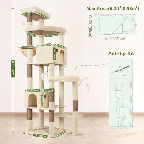 Globlazer 83 Inch Cat Tree Tower for Large Cats, Big Cat Tree for Multi-Cat Household with 2 Condos, 7 Sisal Posts, 2 Perches and Hammock, Sturdy Tall Kitten Activity Center, S83,Beige - color: Beige, size: 83 Inch