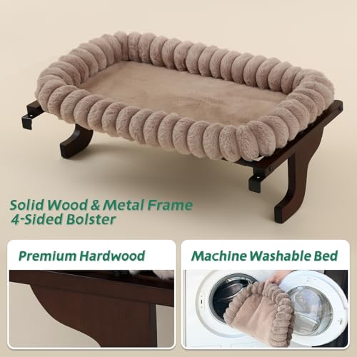 Zakkart SnugCloud Cat Perch for Windowsill (Dark Stained Wood/Brown, M) - color: Dark Stained Wood w/ Brown Bed, size: Medium (22"x15")