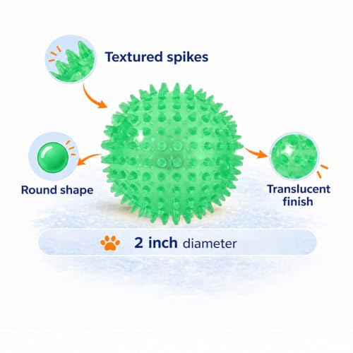 Squeaky Spiky Dog Ball for Teeth Cleaning & Gum Massage 2 Inch Puppy Small Dogs Green | Spiny TPR Rubber Chew Toy for Fetch Play Interactive Bouncy Dental Ball Durable BPA Free Nontoxic Floats - size: 2 Inch Green Ball 1-Pack