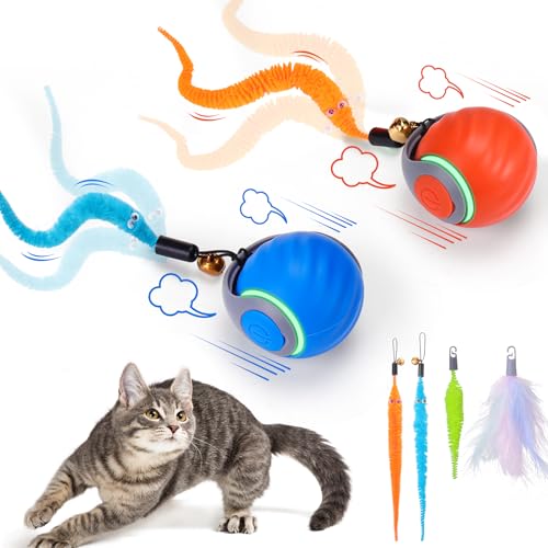 BABORUI 2Pack Interactive Cat Toy Ball - Automatic Interactive Cat Toys for Indoor Cats with 3 Tails, 2 Speeds Rechargeable Enrichment for Small/Medium/Large to Keep Them Busy - color: 2 Pack Blue+Orange