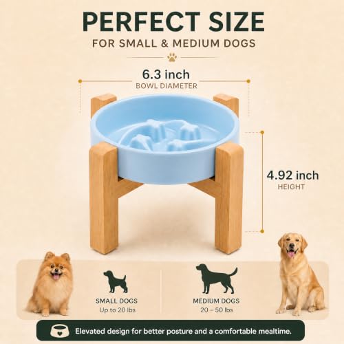 Elevated Ceramic Slow Feeder Dog Bowls Anti-Choking Slow Feeding for Small&Medium Size Anti-Slip Non-Lead & Toxic Durable Easy to Clean Maze Slow Feeder Bowl（8.26in Mint Blue Stars Pattern） - color: Mint Blue Stars Pattern, size: 1.6Cup
