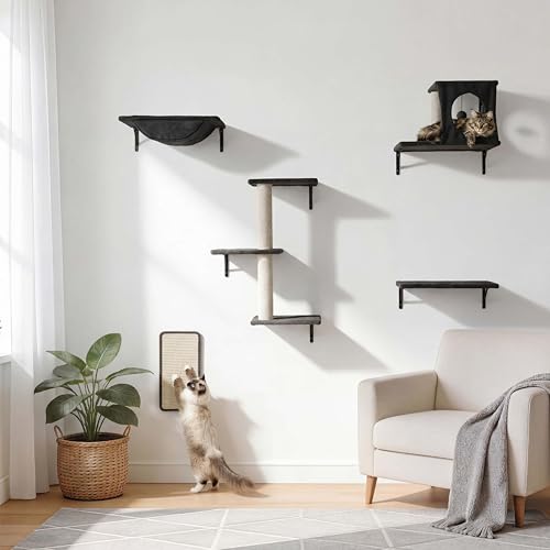 Cat Wall Shelves, Cat Wall Mounted Furniture, Climbing Wall Systems with Perches, Scratchers and Condo, Kitten Indoor Jungle Gym Set of 5 (Grey) - color: Grey
